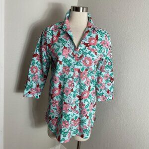 Lands End Womens 6 No Iron Supima Cotton Shirt Floral 3/4 Sleeve Blouse Top